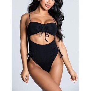 Hot Sexy V-Neck One Piece Swimsuit High Cut Out Thong Coastal Beach Sz XL Black